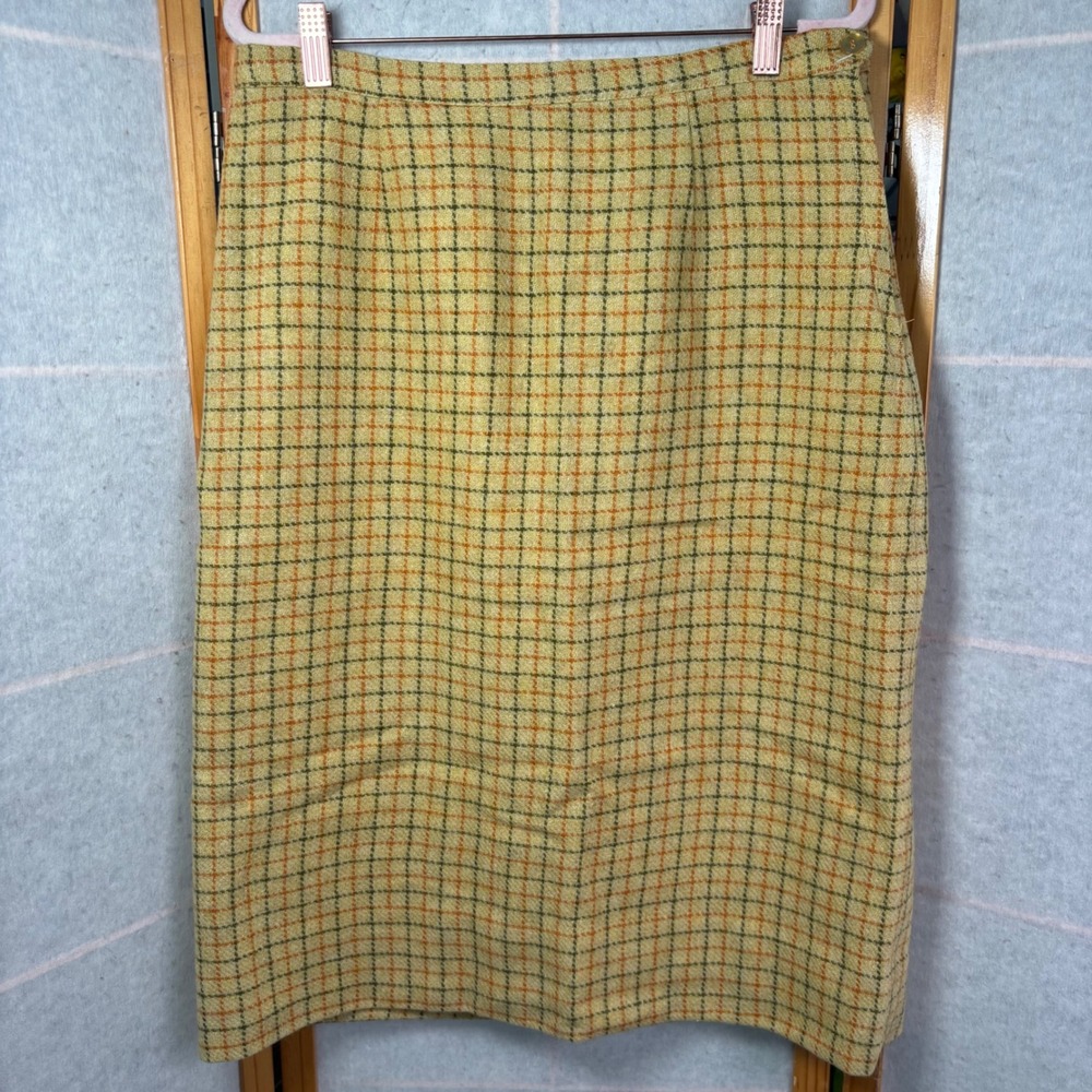 Vintage Yellow Plaid Wool Pencil Skirt Mid-Length Checkered Side Zip 60s Mod